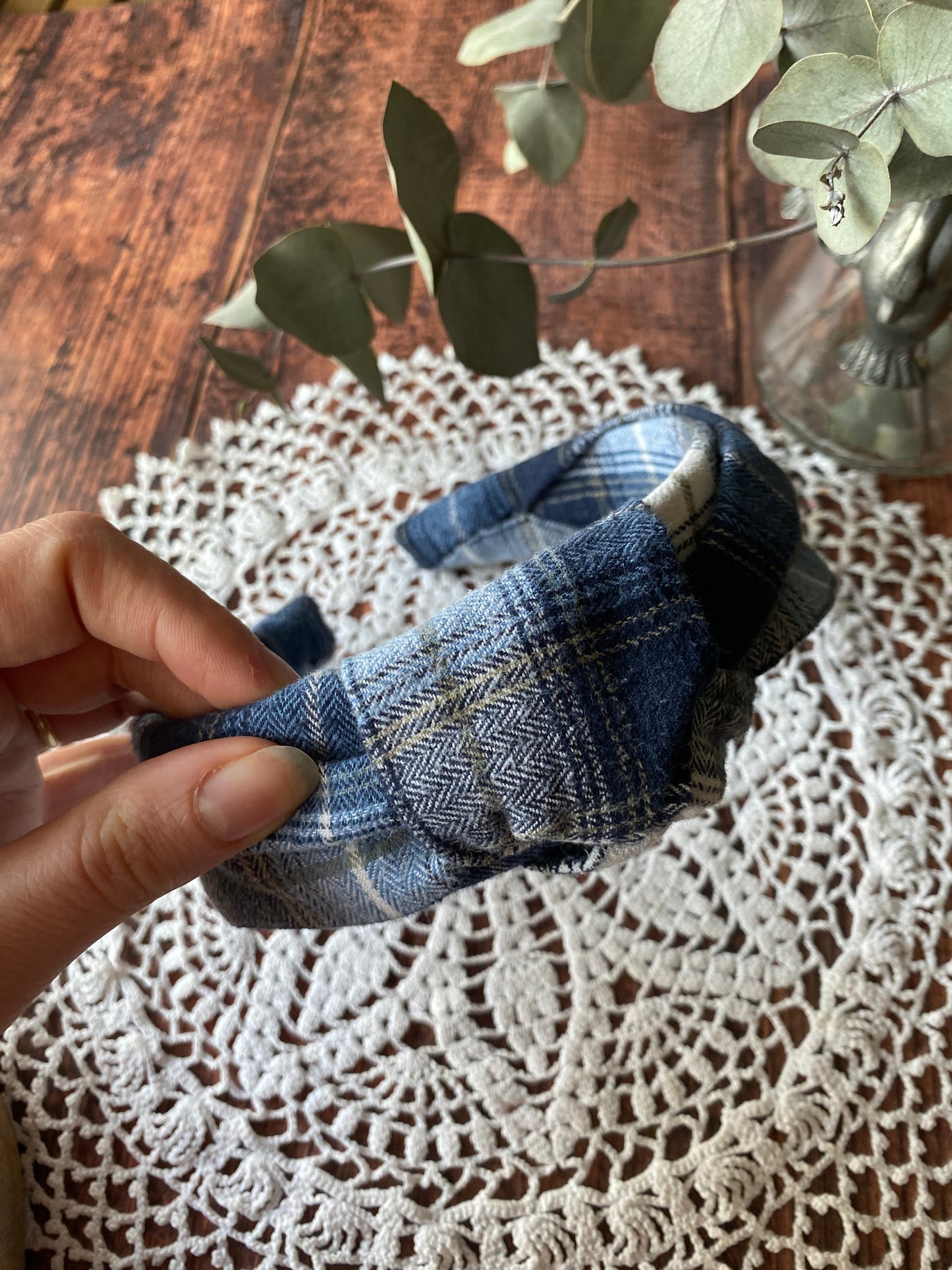 Serre tête flannelle tartan - bleu et blanc