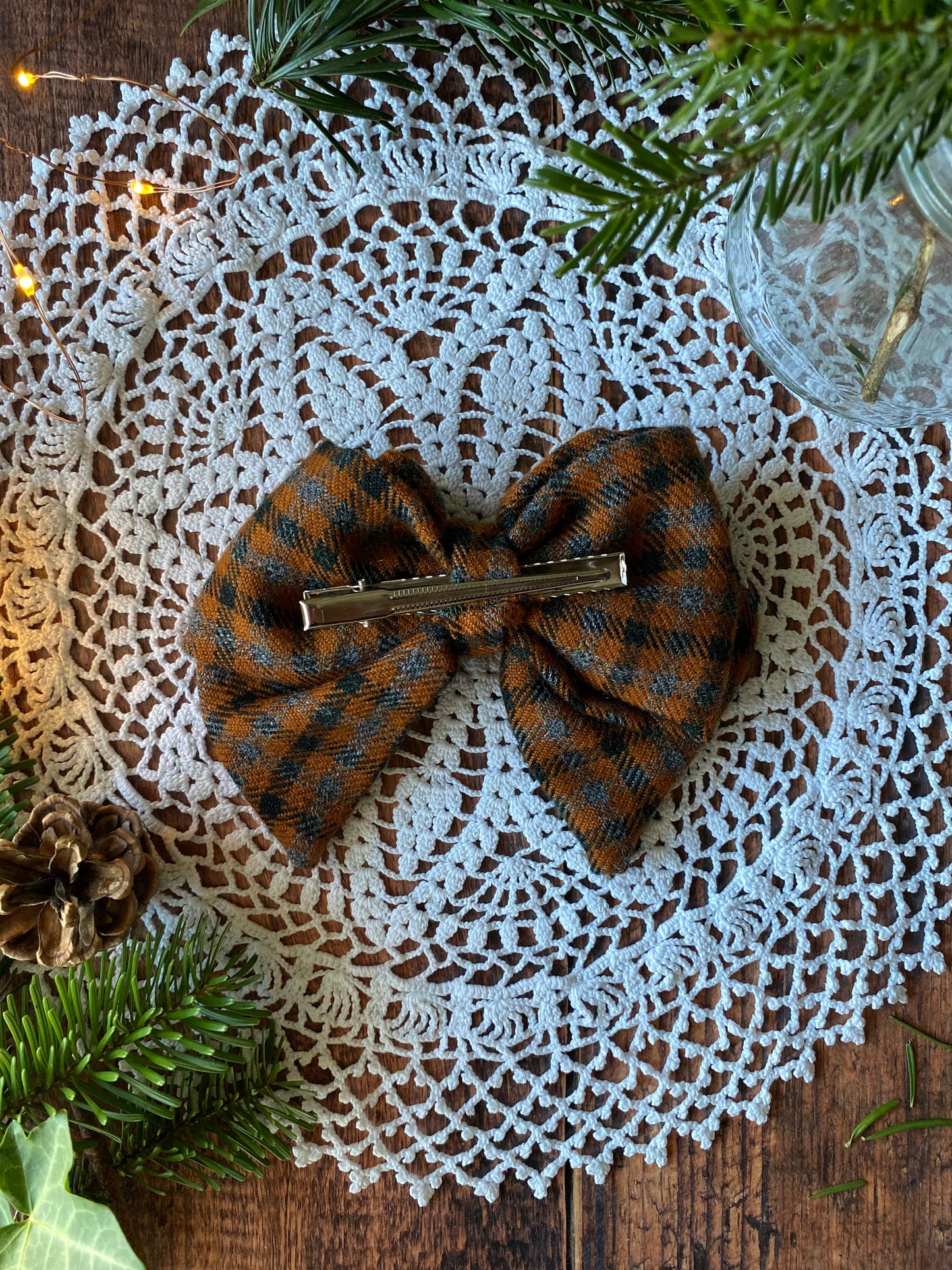 Barrette noeud tartan nouille noir et gris đ