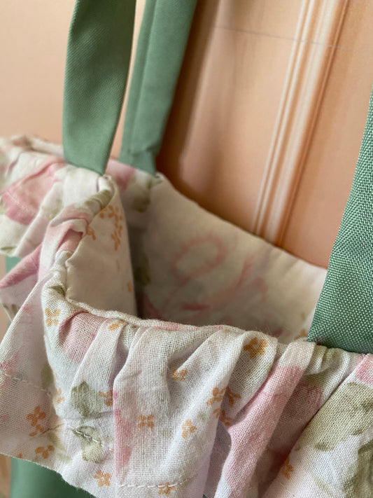 Tote bag a volant - vert sauge et rose avec poche