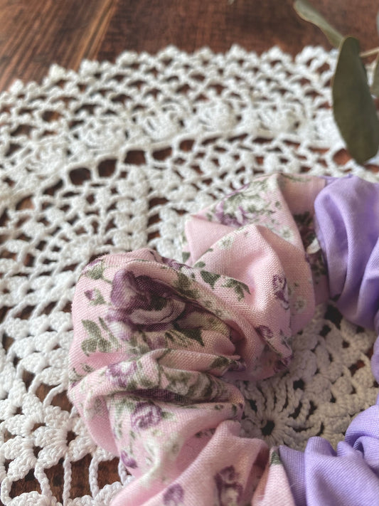 Chouchou en coton duo - lilas et rose à fleur 👱🏻♀️