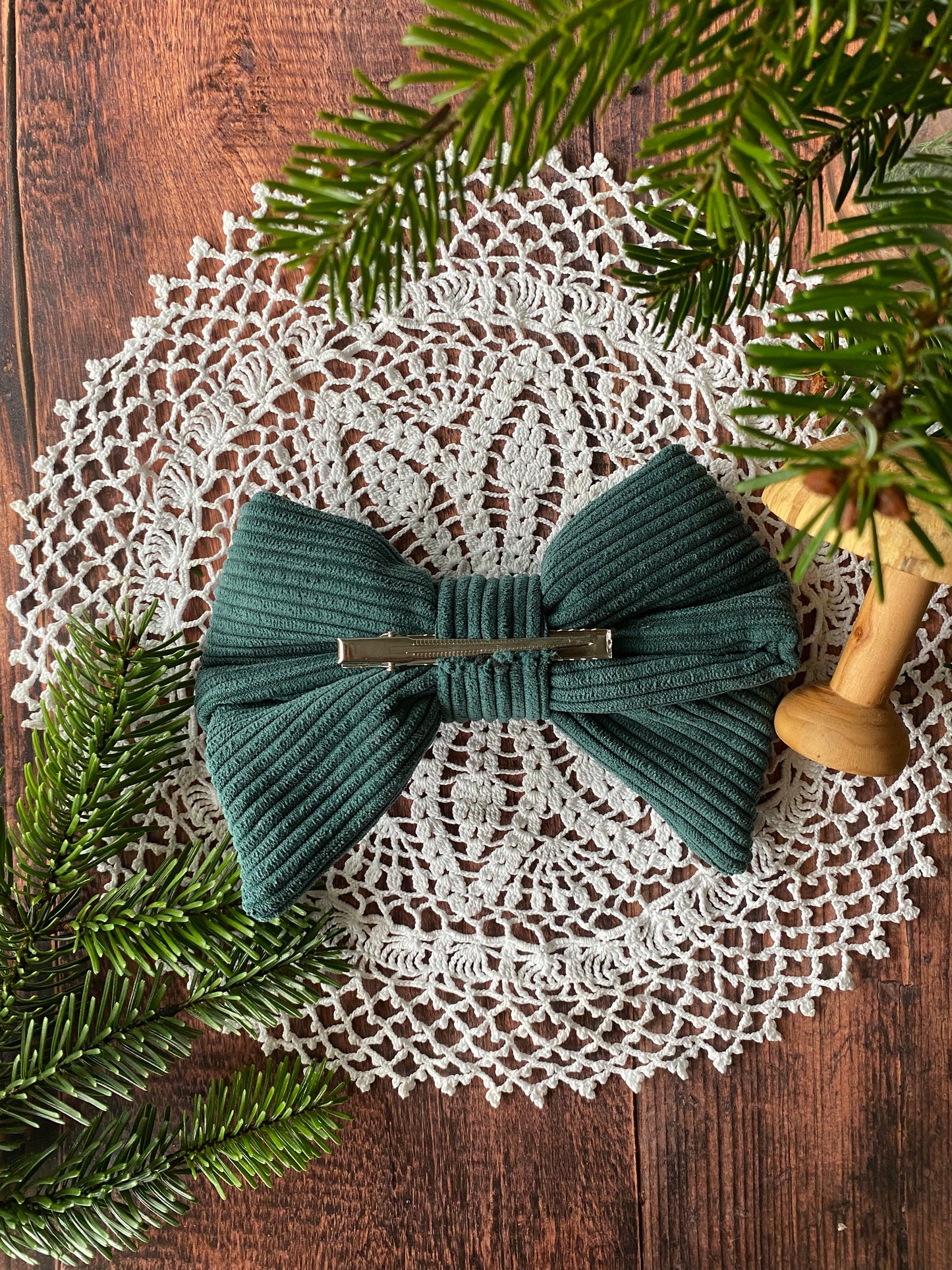 Barrette noeud en velours côtelé vert sapin 🎀