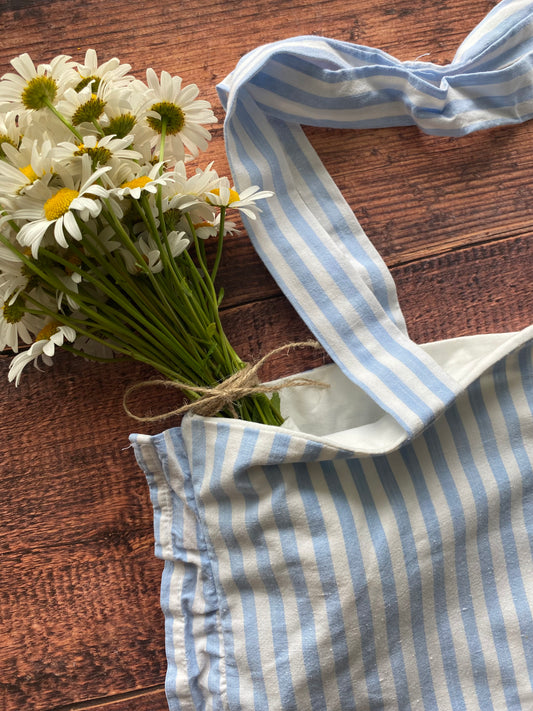 Tote bag en coton - rayure bleu et blanc à volant