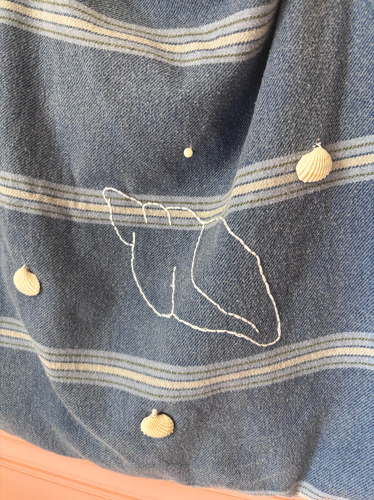 tote bag en coton - bleu brodé coquillage et perle 🐚