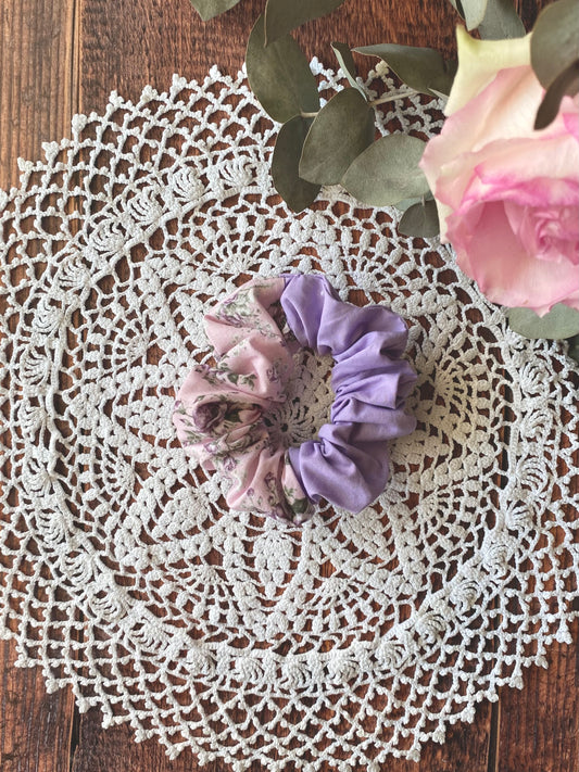 Chouchou en coton duo  - lilas et rose à fleur  👱🏻‍♀️