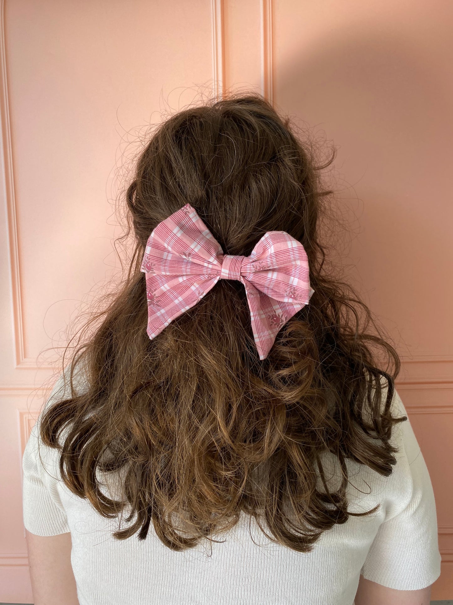 Barrette noeud à carreau rose er fleur 🎀