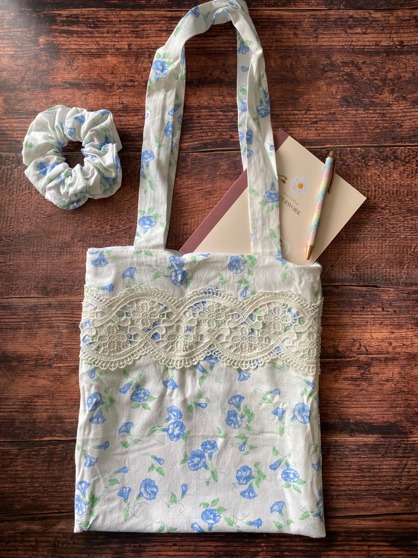 Tote bag en coton - motif fleur bleu