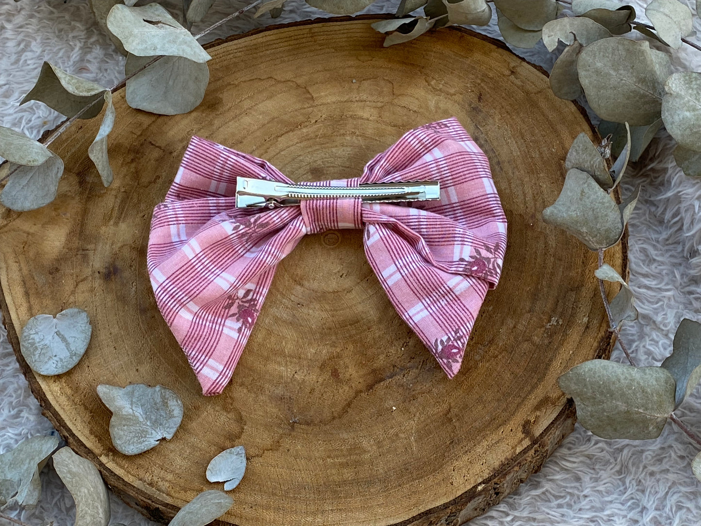 Barrette noeud à carreau rose er fleur 🎀