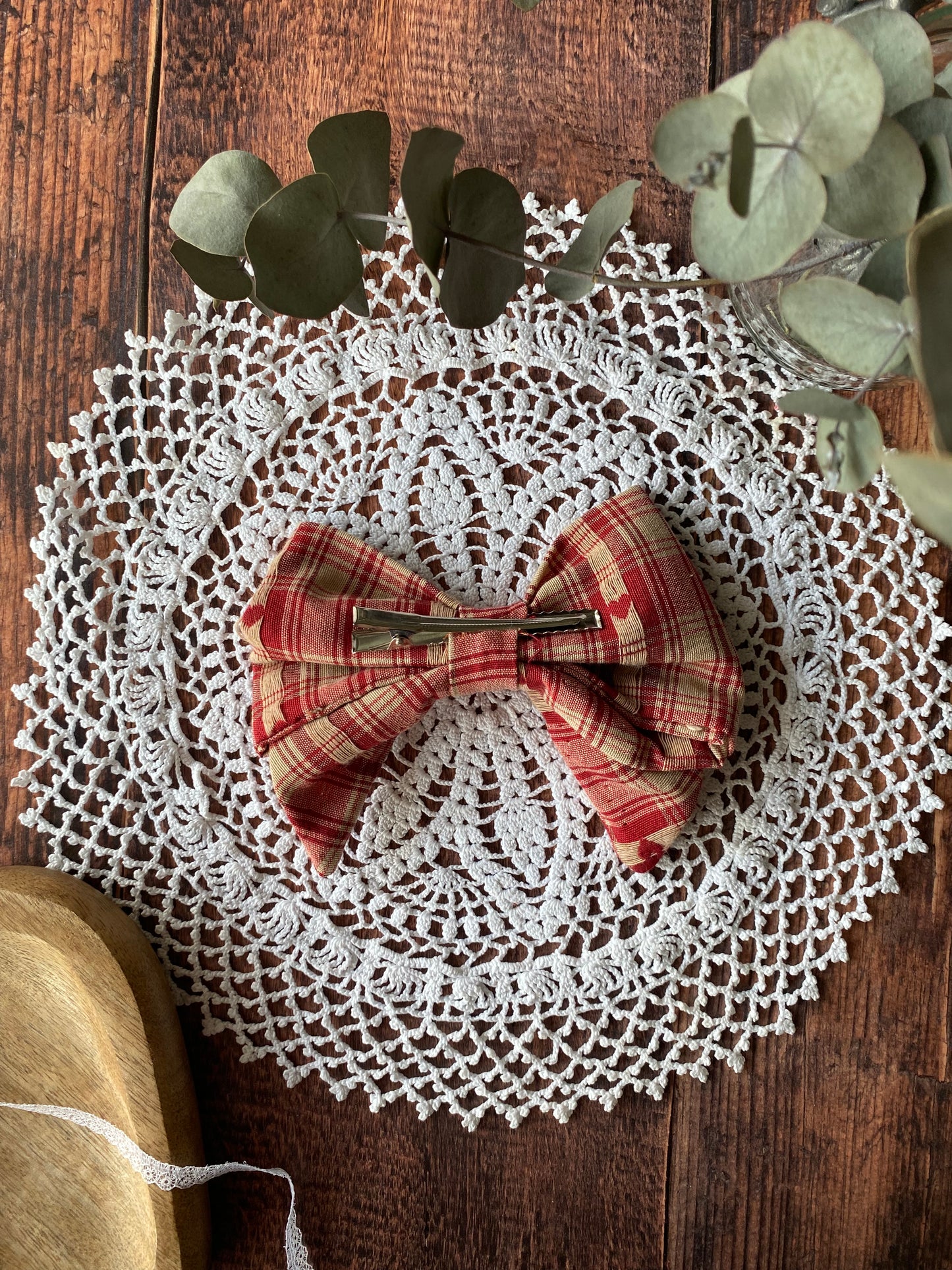 Barrette nœud en coton – motif tartan rougeer beige et cœur 🎀