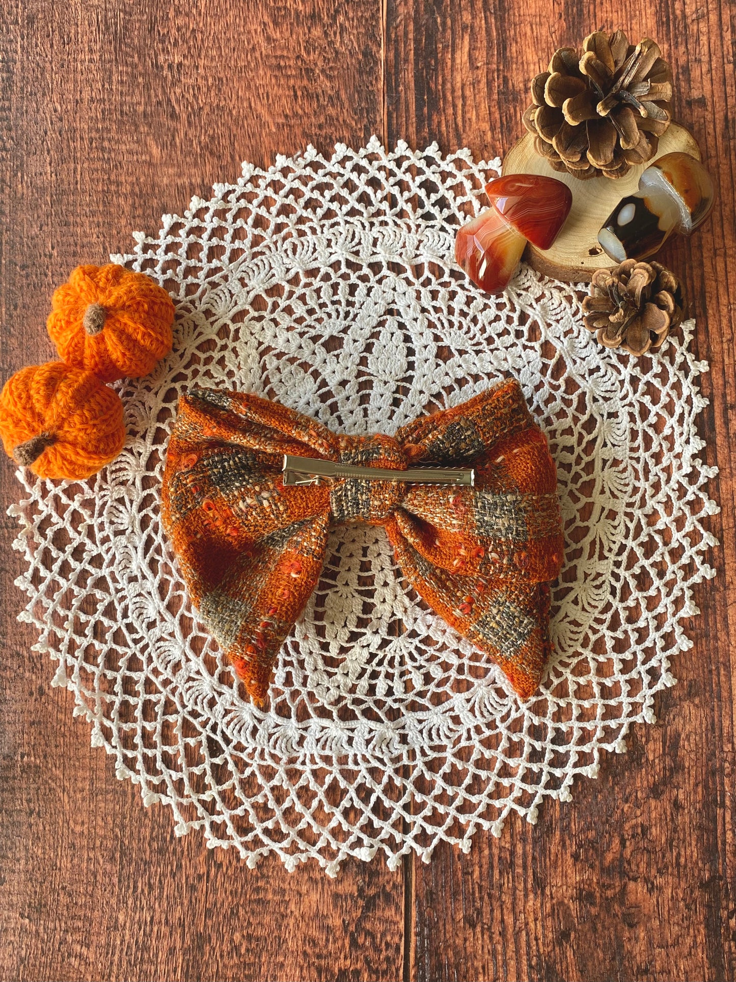 Barrette nœud en tweed – rouille et gris 🎀