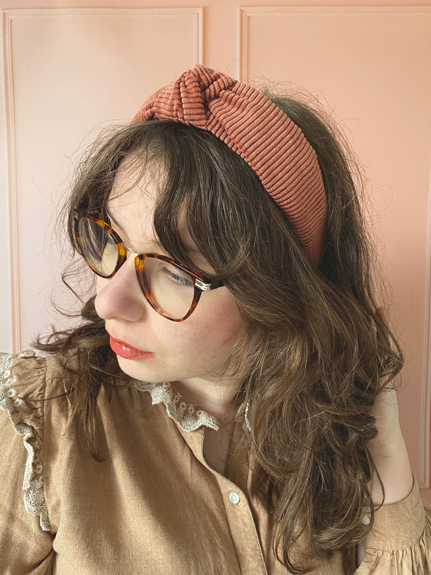 Serre tête velour côtelé - beige rose