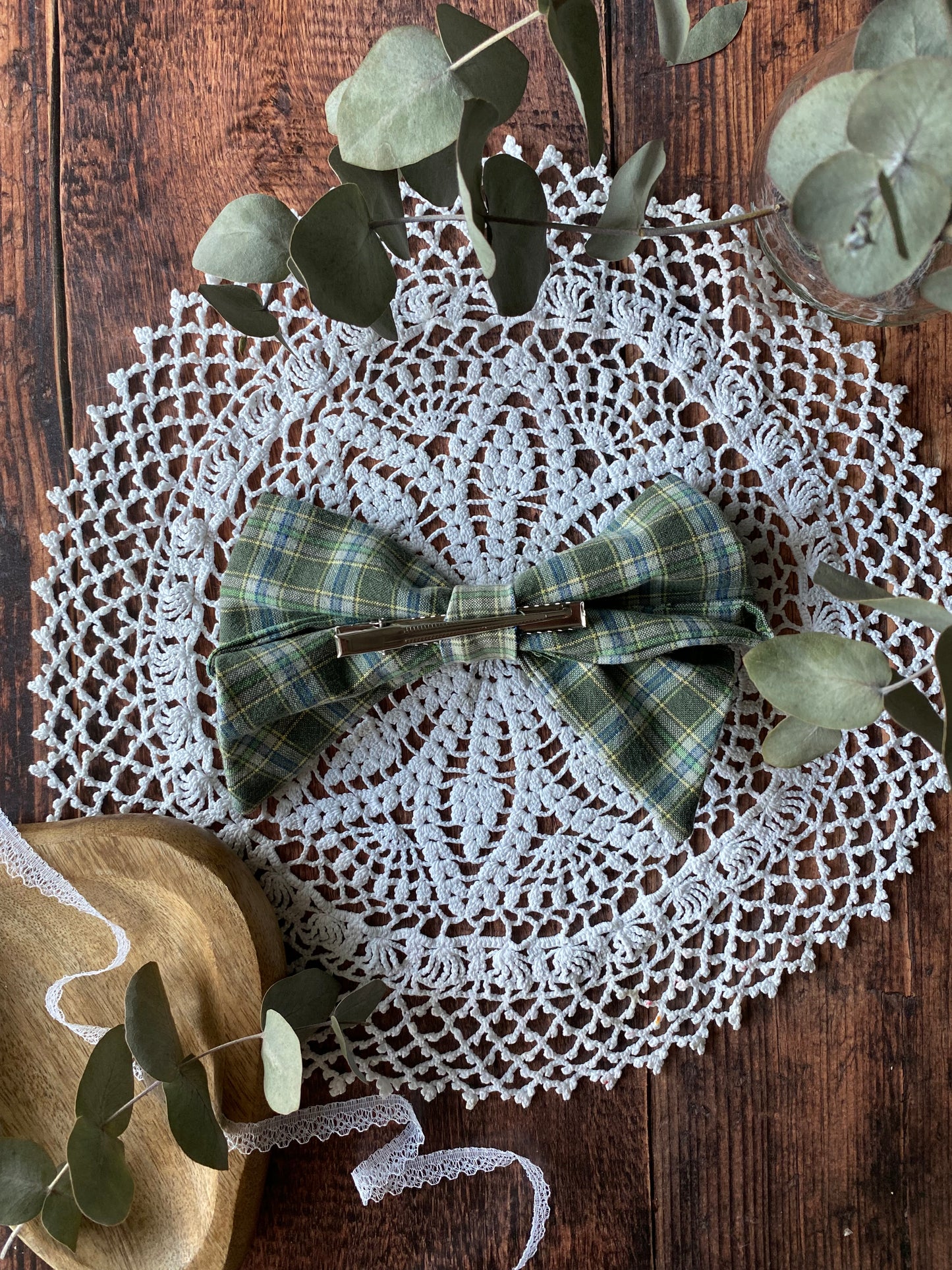Barrette nœud en coton – motif tartan vert 🎀