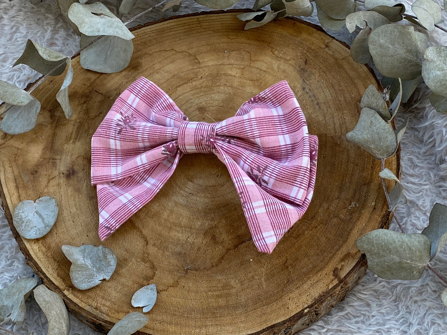 Barrette noeud à carreau rose er fleur 🎀