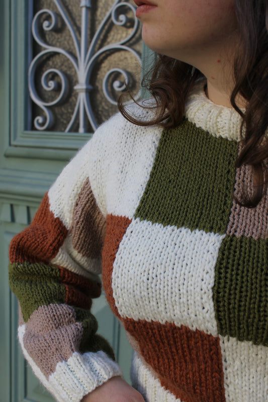 Pull en tricot - carreau blanc vert et rouille 🧶