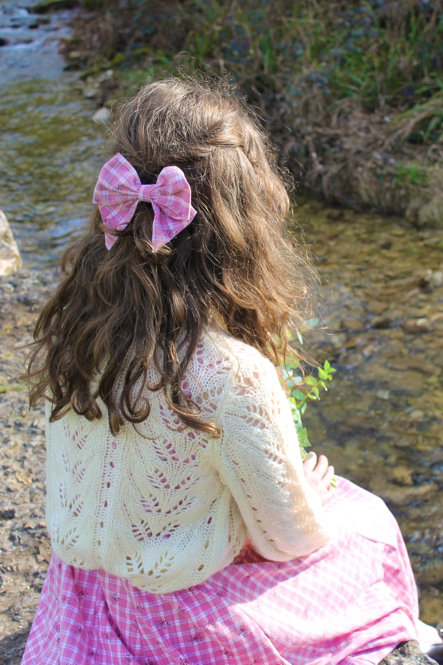 Barrette noeud à carreau rose er fleur 🎀