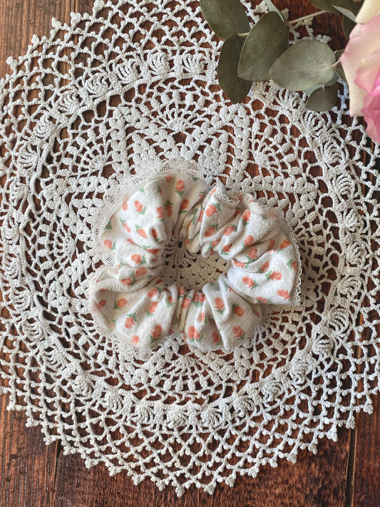 Chouchou en flannelle et dentelle - motif tulipe  👱🏻‍♀️