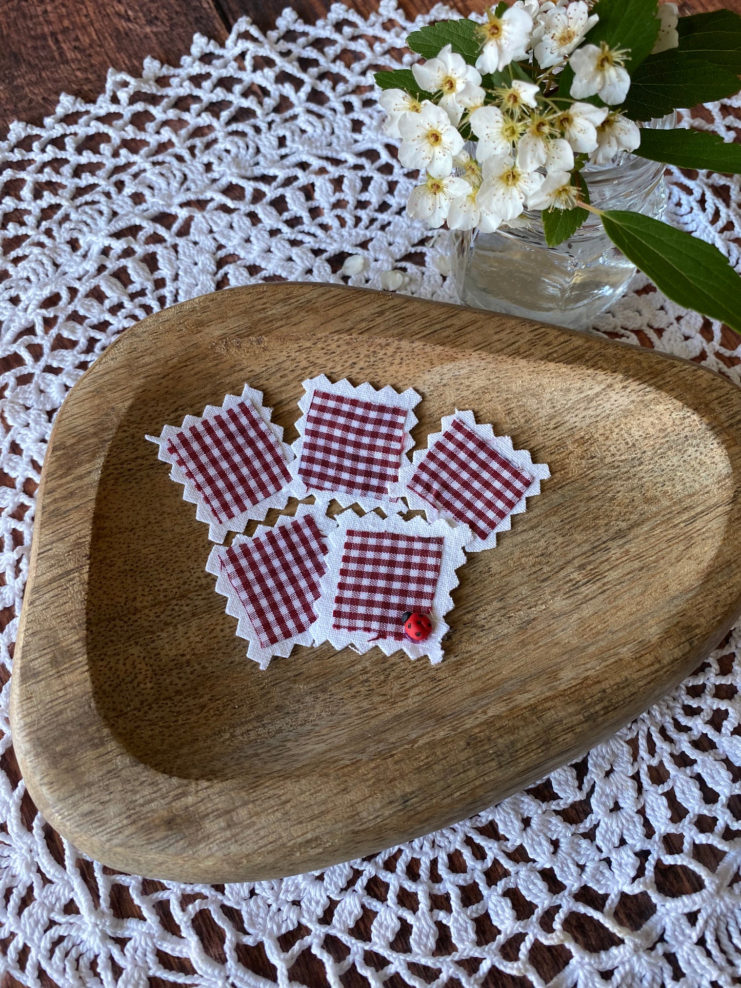Lot de 5 timbre en tissus vichy rouge pour scrapbooking 💌