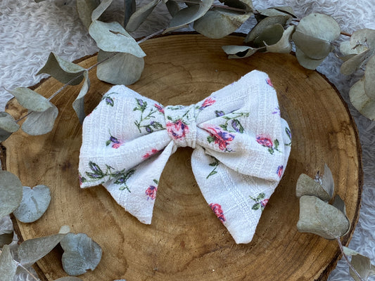 Barrette nœud en coton– blanc à fleur rose 🎀