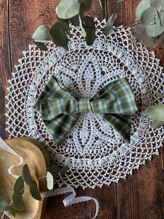Barrette nœud en coton – motif tartan vert 🎀