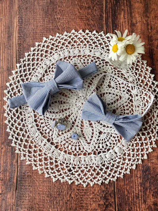 Assortiment accessoires en coton – à rayure bleu et blanc - pins costume, noeud garçon noeud homme et boutons de manchette 🤵🏻‍♂️