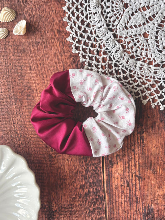 chouchou duo  satin et coton - blanc et rose à fleu 👱🏻‍♀️