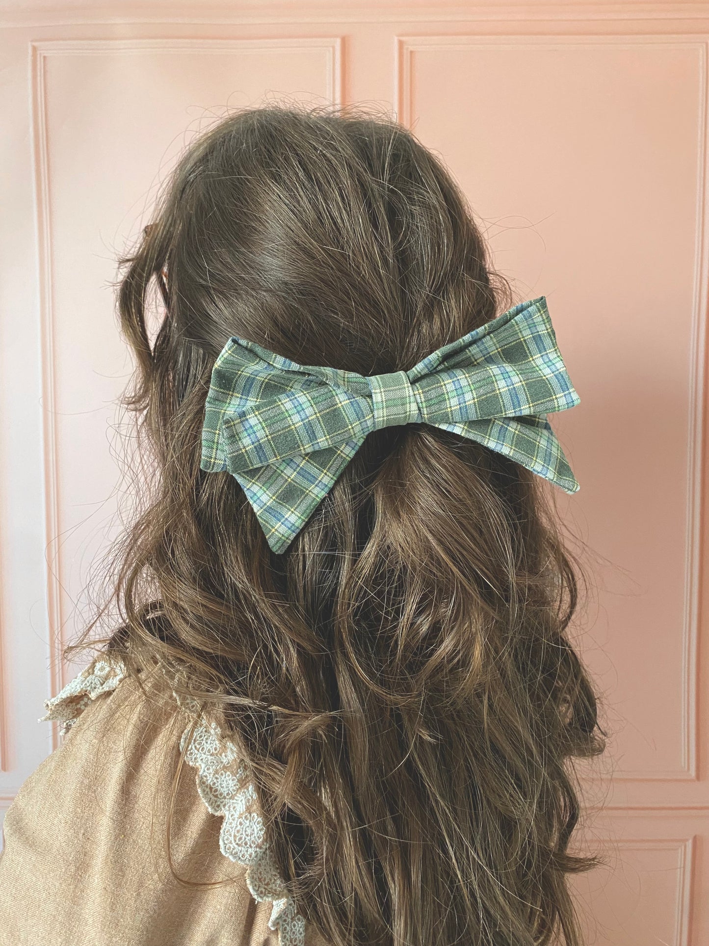 Barrette nœud en coton – motif tartan vert 🎀