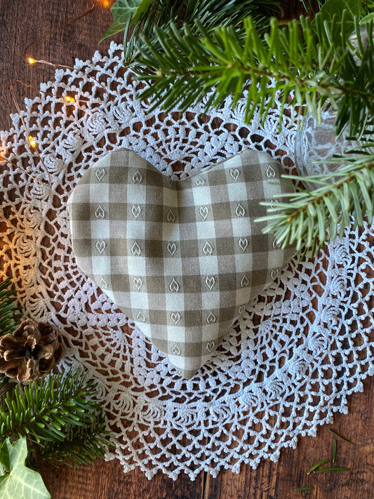 Bouillotte en forme de cœur en coton - vichy beige et blanc ,  ❤️