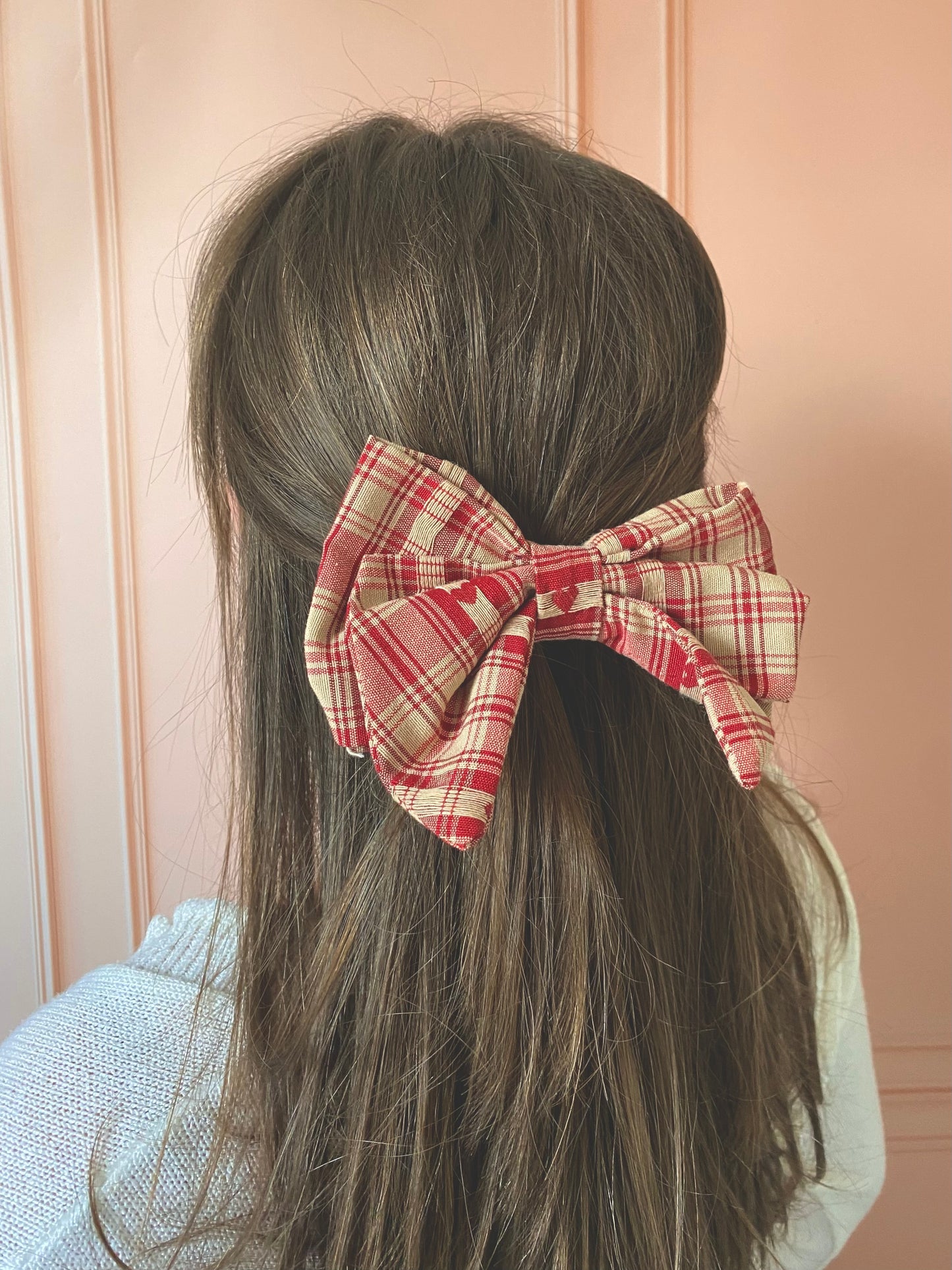 Barrette nœud en coton – motif tartan rougeer beige et cœur 🎀