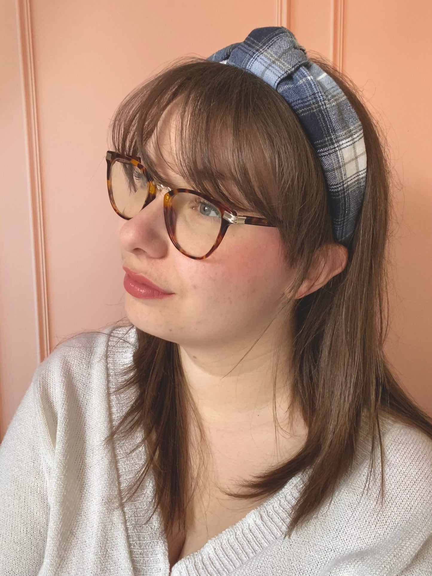 Serre tête flannelle tartan - bleu et blanc