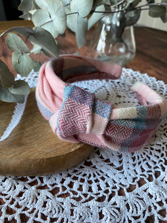 Serre tête en laine - motif tartan rose