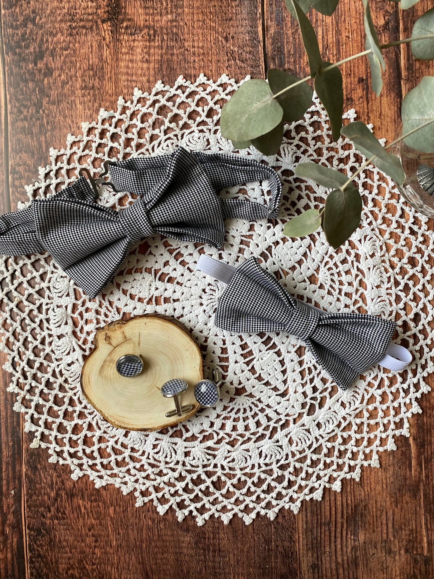 Assortiment en coton - motif pied de poule noir et blanc - noeud papillon homme, bouton de manchettes, noeud  papillon garçon et pins costume 🤵🏻‍♂️