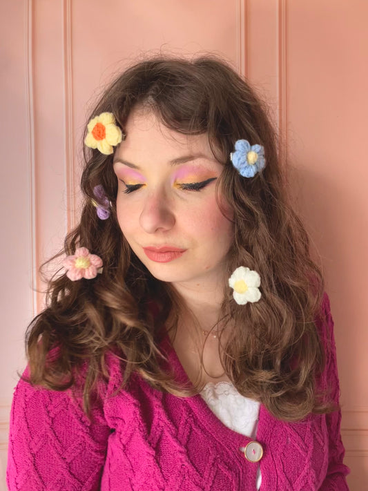 Barrette en crochet - fleur rose lilas jaune  bleu blanc 🌺